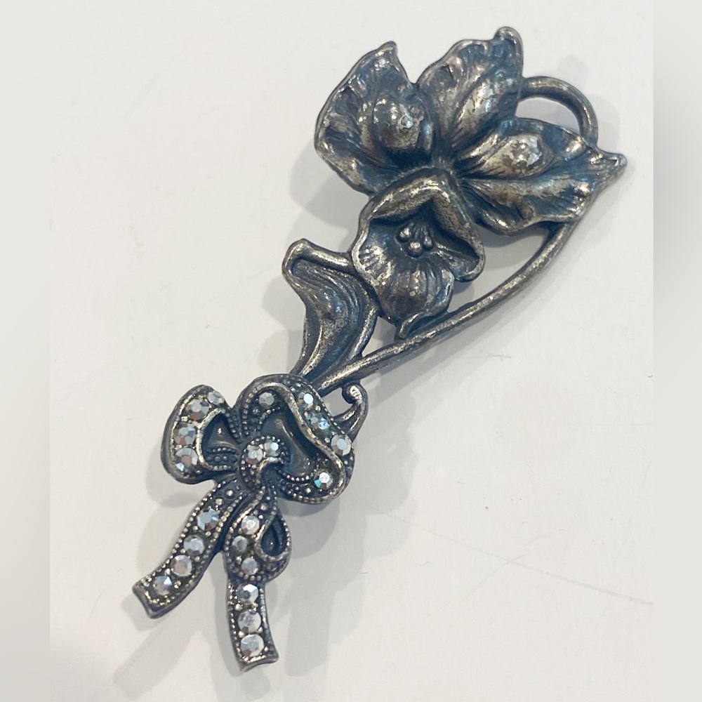 Top Shelf Jewelry Signed Flower Brooch Marcasite bow on stem